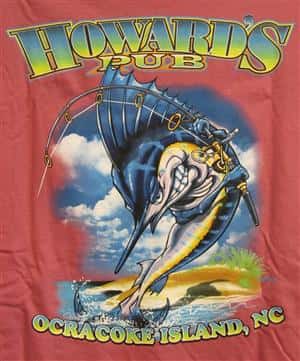 Howard's Pub - ocracoke island, NC marlin holding fishing rod cartoon drawing t shirt