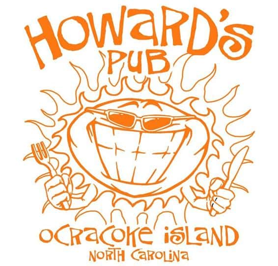 Howard's Pub Ocracoke Island, NC cartoon sun holding knife and fork t-shirt