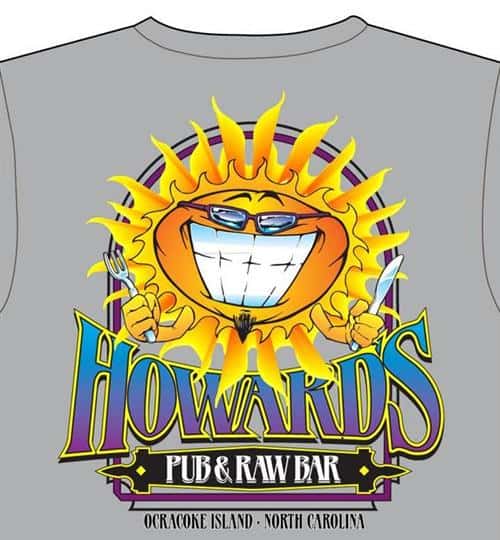Howard's Pub & Raw Bar Ocracoke Island, NC smiling sun with sunglasses cartoon t-shirt