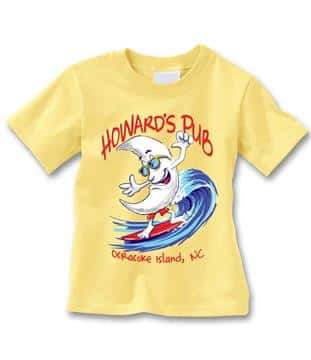 Howard's Pub Ocracoke Island, NC T-shirt. Man with moon face surfing cartoon.