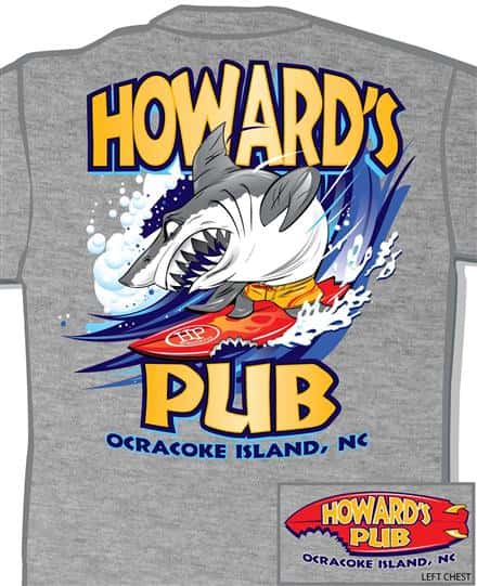 Howard's Pub Ocracoke Island, NC shark on surfboard t-shirt.