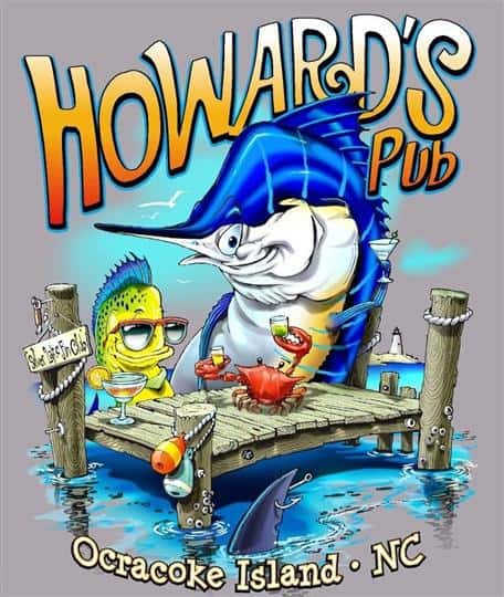 Howard's Pub Ocracoke Island, NC cartoon fishes on dock t-shirt