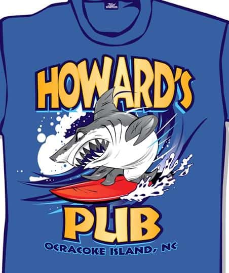 Howard's Pub Ocracoke Island, NC cartoon shark on surfboard t-shirt.
