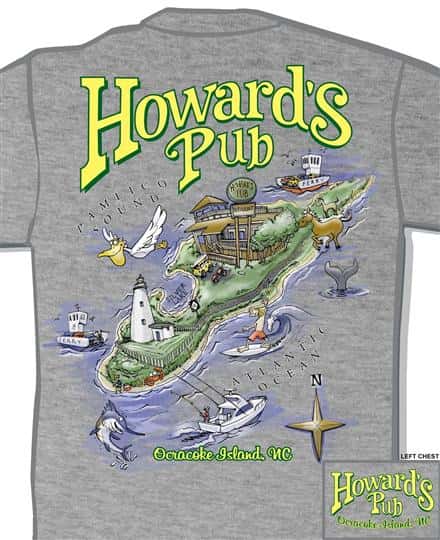 Howard's Pub Ocracoke Island, NC cartoon map t-shirt.