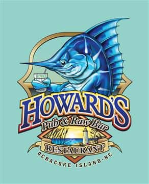 Howard's Pub & Raw Bar Restaurant, Ocracoke, NC marlin holding drink cartoon t-shirt.