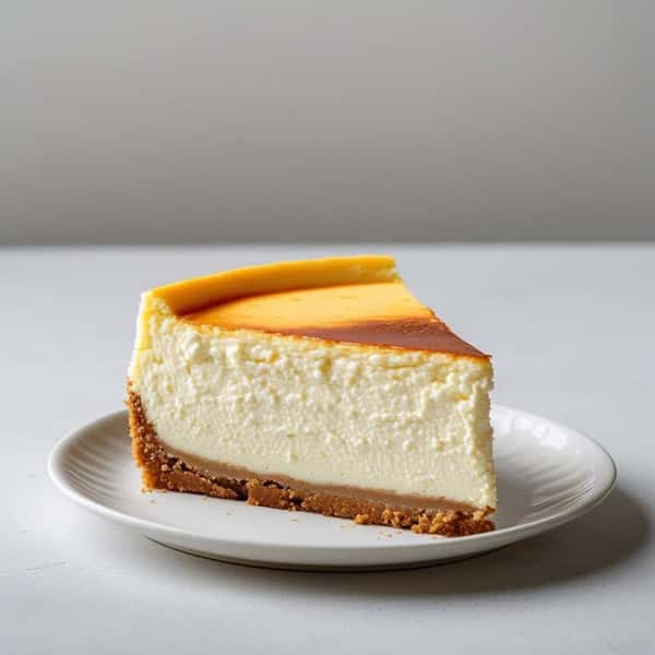 Slice of classic baked cheesecake with a golden brown top and a thick graham cracker crust on a white plate.