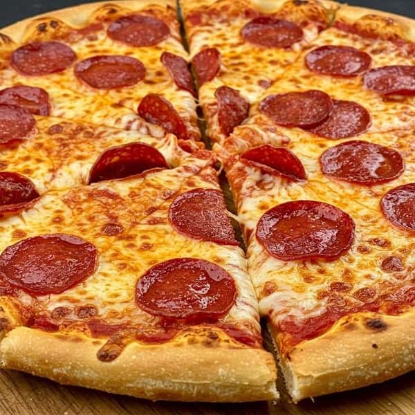 Pepperoni pizza with a golden crust, topped with melted mozzarella and evenly spaced slices of pepperoni.
