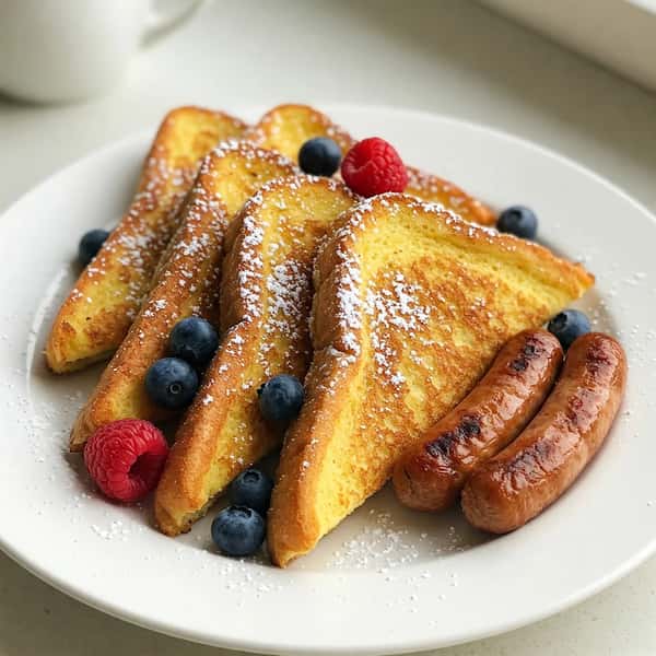 French toast slices dusted with powdered sugar, served with blueberries, raspberries, and two grilled breakfast sausages.