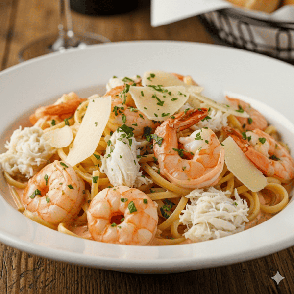 Linguine pasta topped with shrimp, crab meat, shaved parmesan, and fresh herbs served in a white bowl.