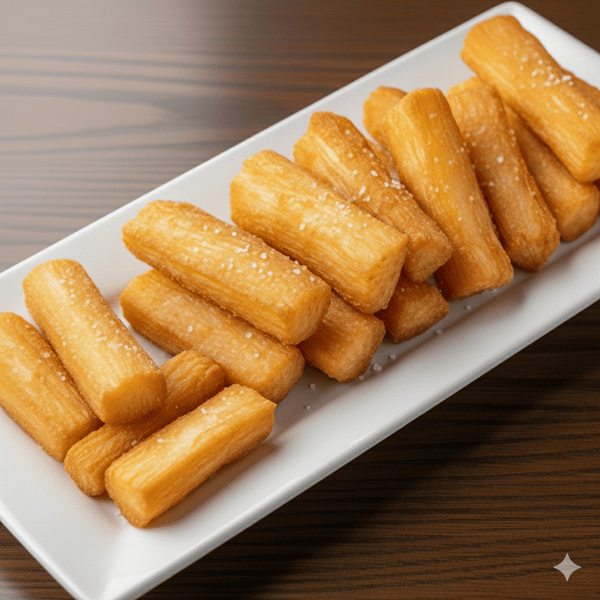 Crispy yuca fries sprinkled with salt, served on a rectangular white plate.