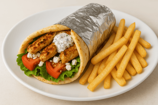 Grilled chicken gyro with lettuce, tomato, feta, and tzatziki sauce, wrapped in pita and served with golden French fries.