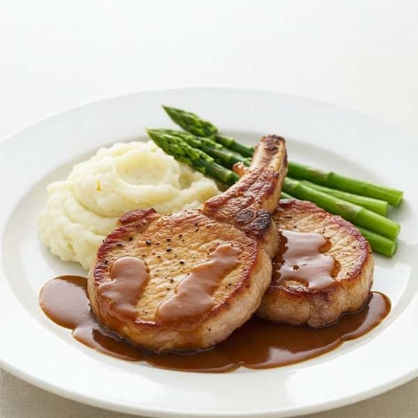 Grilled pork chops with brown gravy, served with mashed potatoes and steamed asparagus.