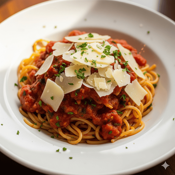 Spaghetti topped with hearty marinara sauce, shaved parmesan cheese, and chopped parsley.