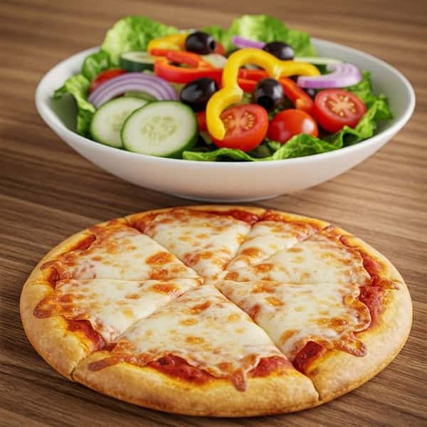 Cheese pizza with a side garden salad topped with cucumbers, tomatoes, olives, and bell peppers.