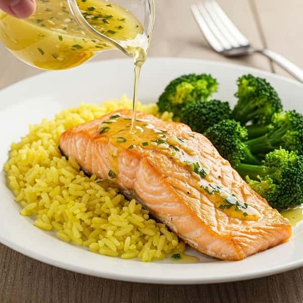 Grilled salmon fillet drizzled with herb lemon butter sauce, served with yellow rice and steamed broccoli.