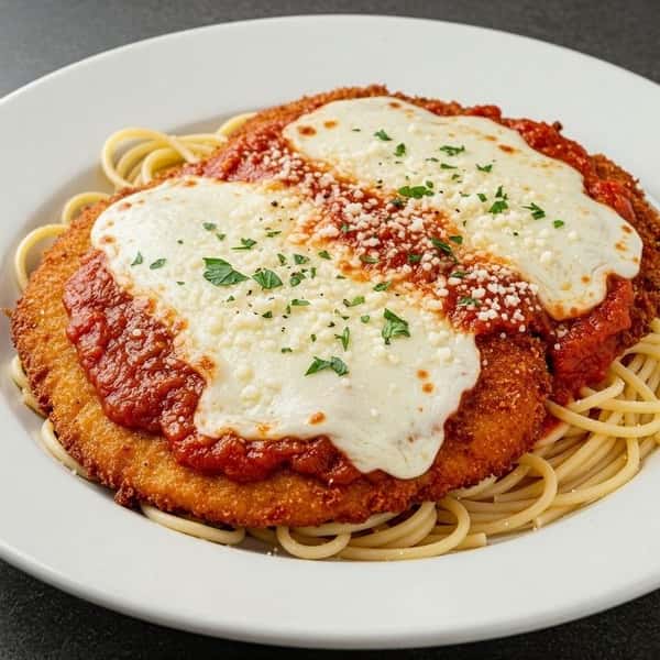Chicken Parmesan topped with marinara and melted mozzarella, served over a bed of spaghetti.