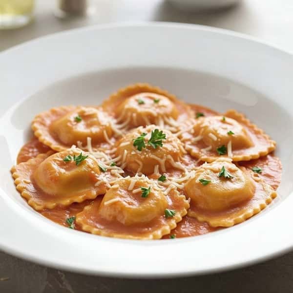 Cheese ravioli served in creamy tomato sauce, topped with shredded parmesan and fresh parsley.