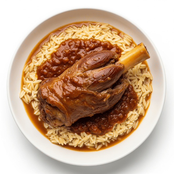 Braised lamb shank served over orzo pasta with a rich tomato-based sauce.