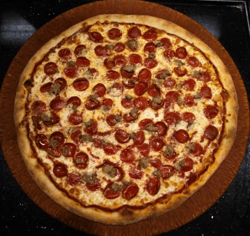 pepperoni and sausage pizza with melted cheese and crispy golden crust