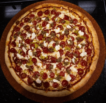 pepperoni and sausage pizza with melted mozzarella and tomato sauce on a golden crust