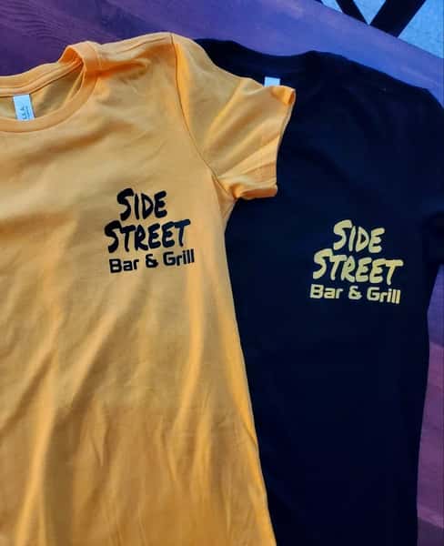 two t-shirts with side street bar and grill