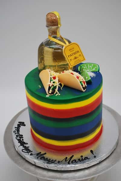 multi color stripe with fondant tacos and small tequila bottle