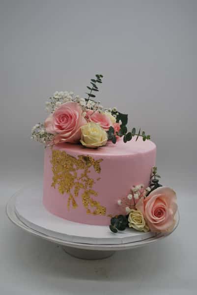 pink with gold foil cascading and fresh florals