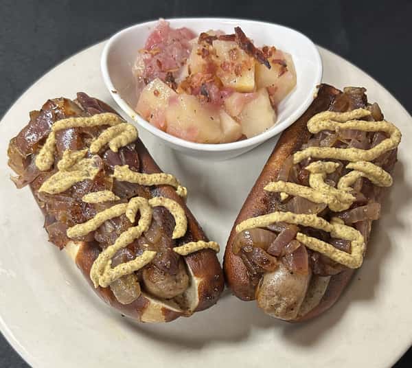 Twin, Beer Braised Brats on Pretzel Buns