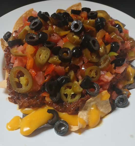Tri Colored Nachos w/Beer-B-Q Pulled Pork
