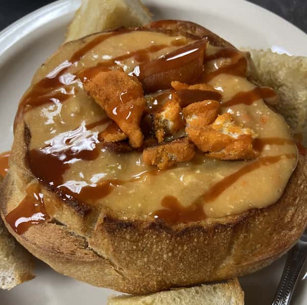 Buffalo Chicken Soup in Bread Boule