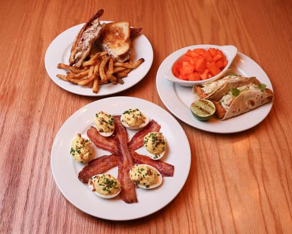 Mahi Tacos, Deviled Eggs and Chicken Salad sandwich