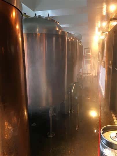 fermentors lined up in a foggy room