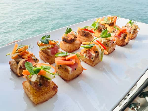 Crispy Rice Cake with Seared Tuna, Pickled Veg