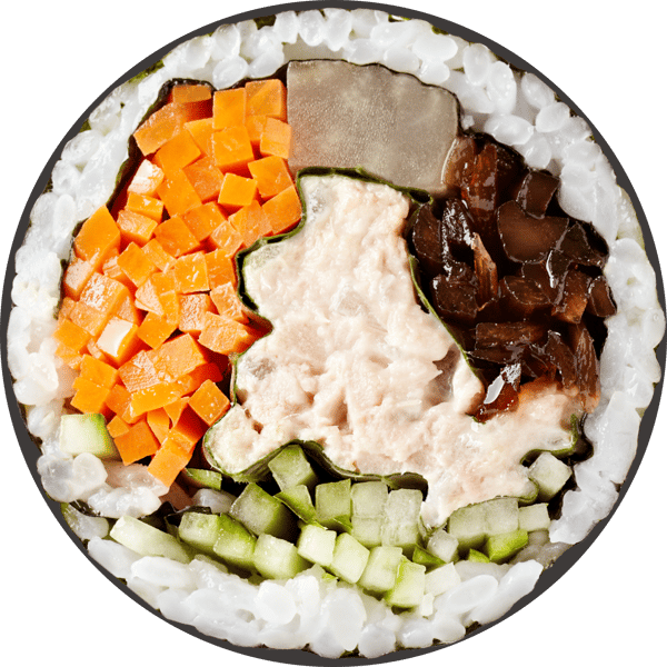 Close-up of a Korean gimbap roll filled with tuna, pickled radish, carrots, cucumber, and mushrooms wrapped in rice and seaweed.