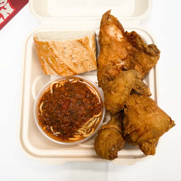 Chicken Dinner (4 Pc. chicken with spaghetti, cole slaw & bread)