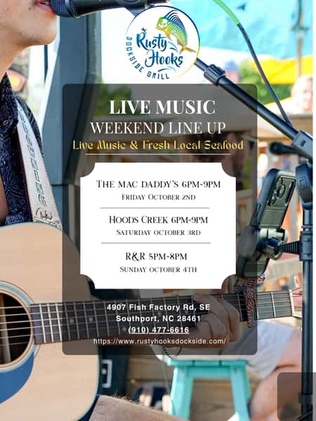 Your weekend plans are sorted! 🎶 Come grab a drink, enjoy the views, and soak in the best live music in Southport/Oak Island. Here’s who’s hitting the stage this weekend at Rusty Hooks! 🎸✨

We’ll see you dockside! ⚓️

📍4907 Fish Factory Rd, SE Southport
📲910.477.6616
🖥️ https://www.rustyhooksdockside.com

#RustyHooks #SouthportNC #OakIslandNC #LiveMusicNC #WeekendVibes