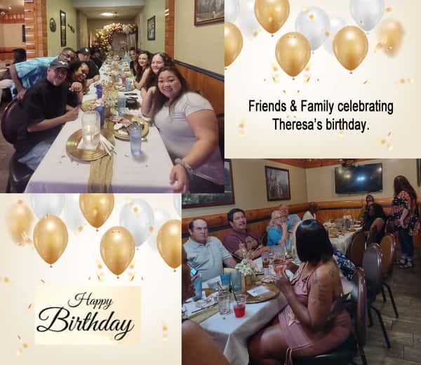 Family & Friends celebrating Theresa’s birthday at Blackstone.  Beautiful decorations, dining, drinks and dancing to live music made for a great celebration.