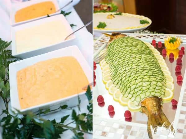 various different catering displays with assorted foods