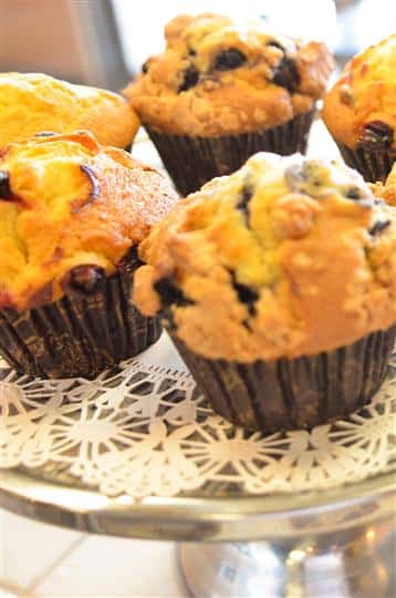 blueberry muffins on display in the bakery