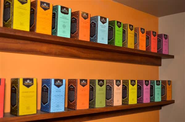 shelves stocked with various types of tea