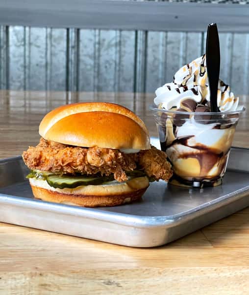 Chicken burger with chocolate flavored dessert