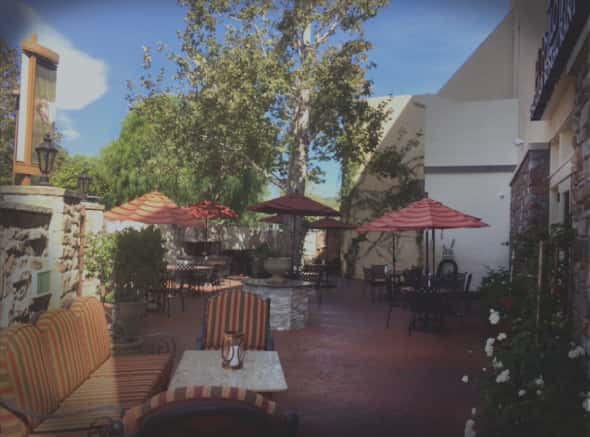 patio seating with umbrellas