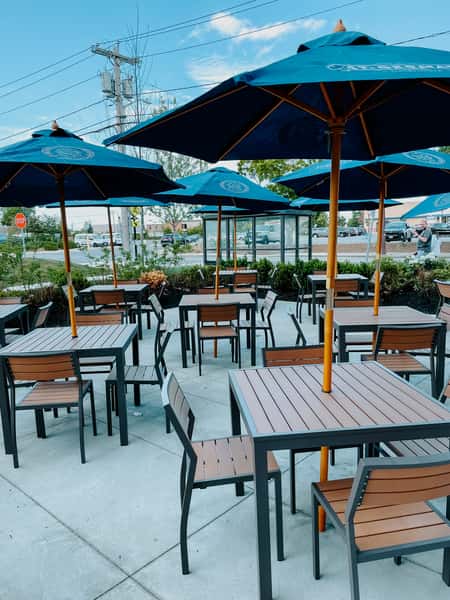 Patio dining with umbrellas