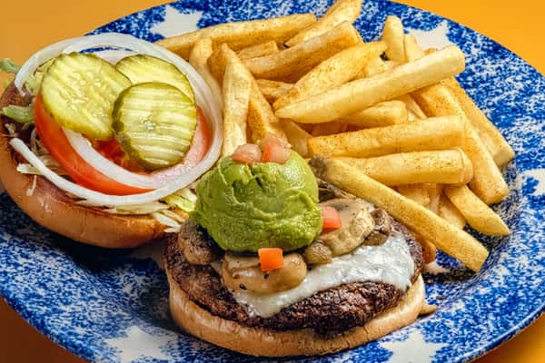 Guac, Shroom, Swiss Burger