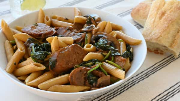 penne, sausage, mushrooms, spinach