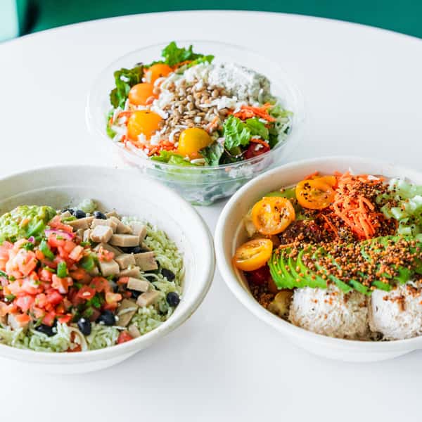 A Fiesta Bowl, Protein Bowl, and Grab-and-go House Salad from Jan's Health Bar.