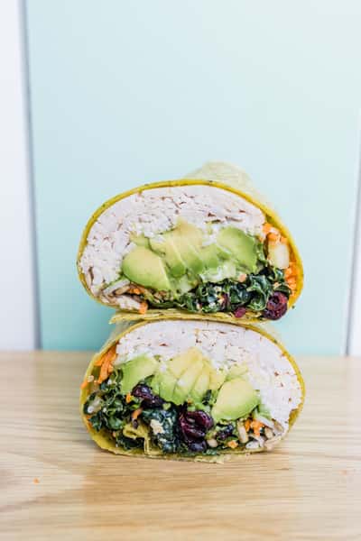 Chicken and avocado wrap with super greens
