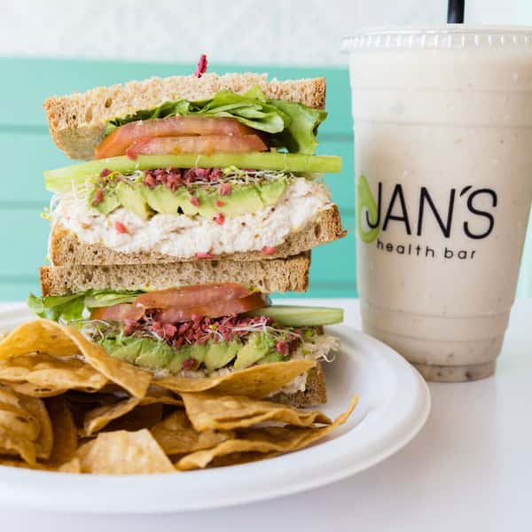 A Peanut Butter Banana Date Smoothie and Tuna Salad Sandwich from Jan's Health Bar.