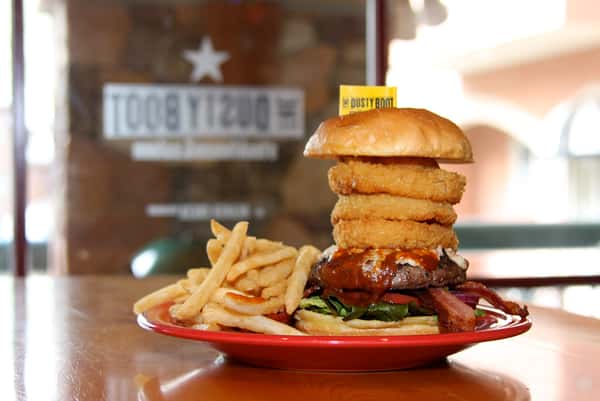 burger with fries and onion rings