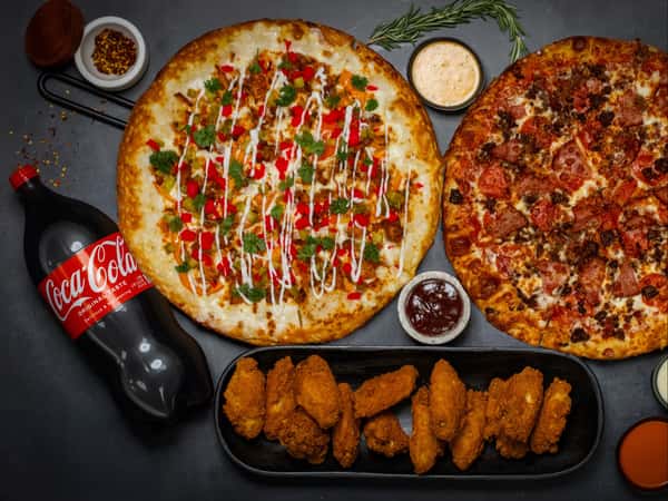 2 large any specialty pizza with 12 wings, breadsticks and a 2lt drink